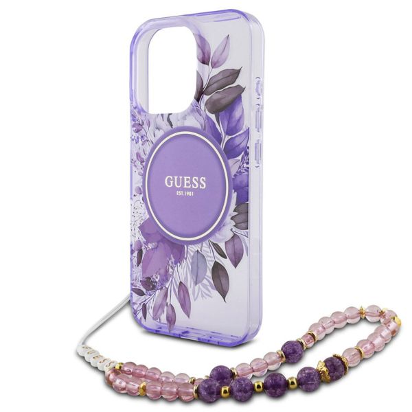 Guess MagSafe IML Flowers Case avec beads strap Apple iPhone 15 Pro Max - Purple