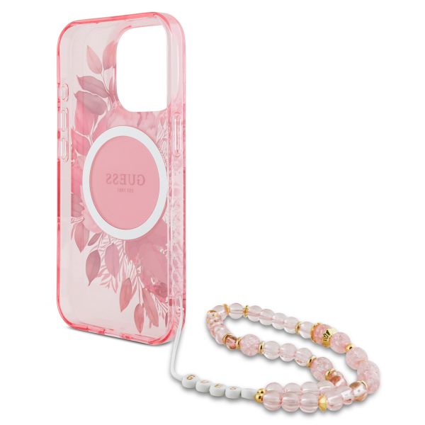 Guess MagSafe IML Flowers Case avec beads strap Apple iPhone 15 Pro - Pink