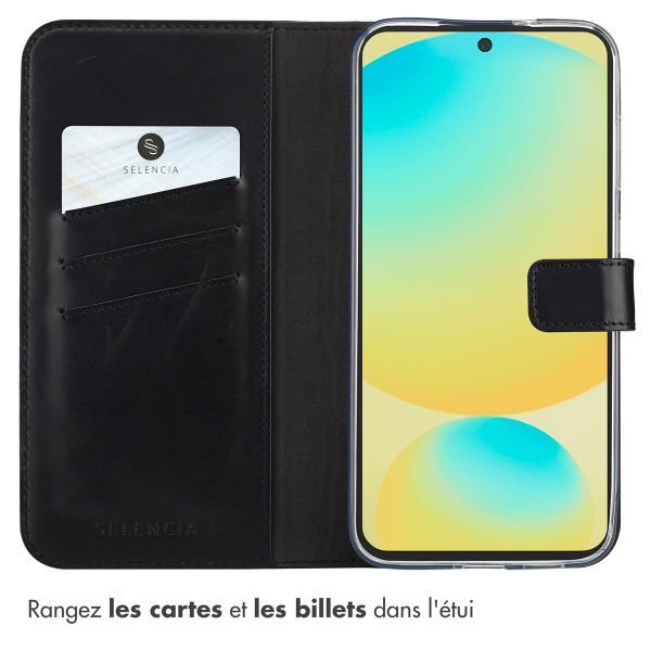 Selencia Étui portefeuille en cuir véritable Samsung Galaxy S25 FE - Noir