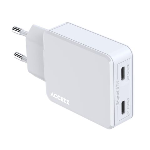 Accezz Chargeur GaN Ultra Slim - 2x USB-C - 65 W - Blanc