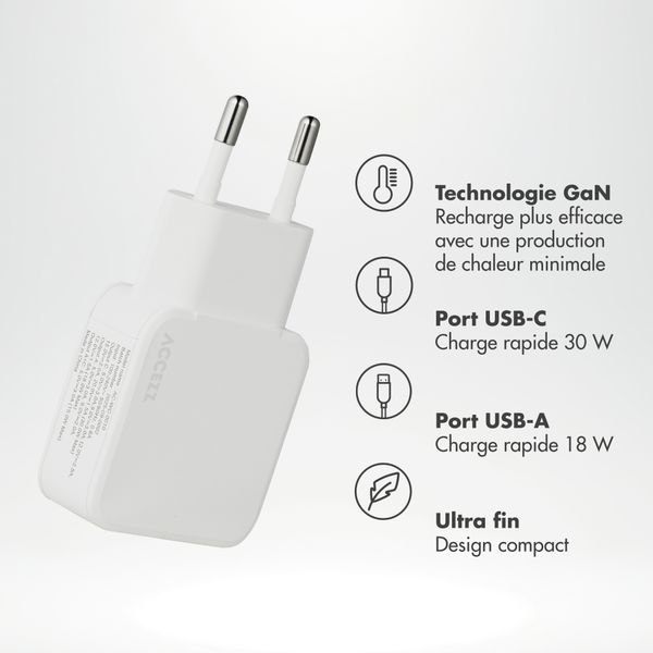 Accezz Chargeur GaN Ultra Slim - USB-C + USB-A - 30 W - Blanc