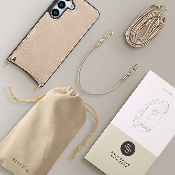 Selencia Coque de télephone Nova Croco avec cordon et porte-cartes Samsung Galaxy S25 - Beige