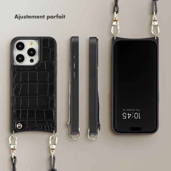 Selencia Coque de télephone Nova Croco avec cordon et porte-cartes Apple iPhone 15 Pro - Noir
