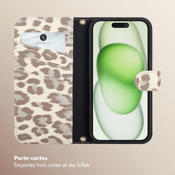 Selencia Étui de télephone portefeuille imprimé léopard Sabi Apple iPhone 15 - Soft Ivory