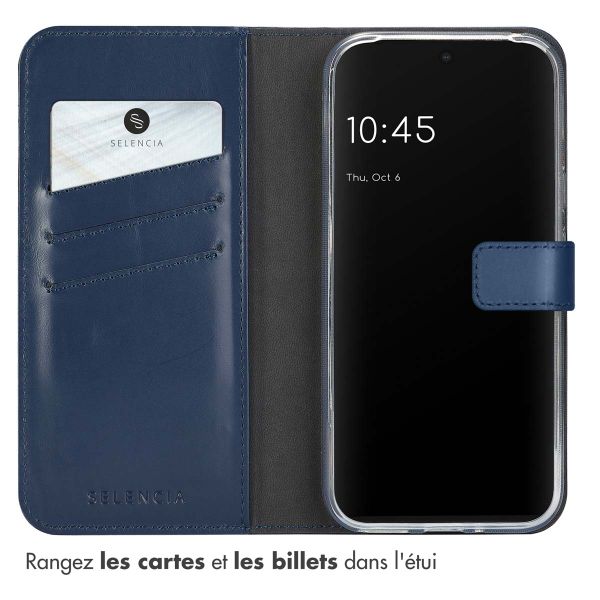 Selencia Étui portefeuille en cuir véritable Google Pixel 9 / 9 Pro - Bleu