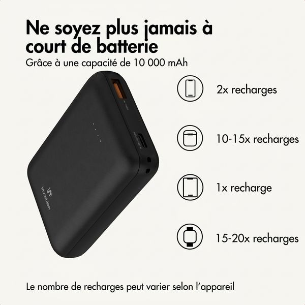 imoshion Batterie externe compacte 10.000 mAh - Petite batterie externe - Chargeur rapide 22,5 W - USB-C / USB-A - Noir