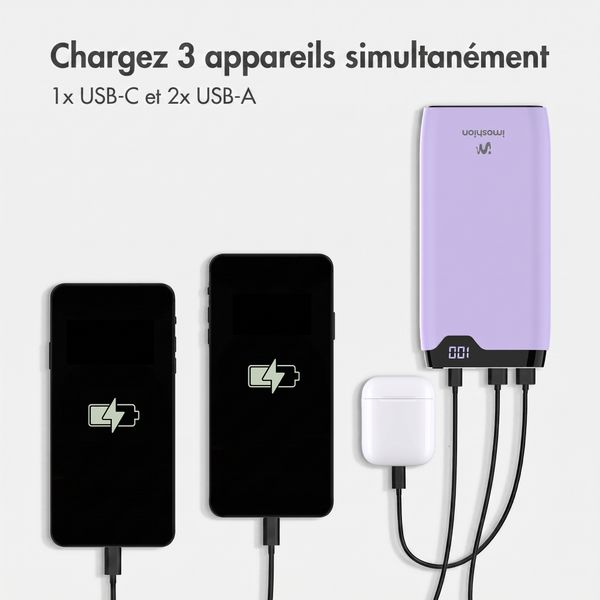 imoshion Batterie externe 20 000 mAh - Chargeur rapide 22,5 W - USB-C / USB-A - Lilas