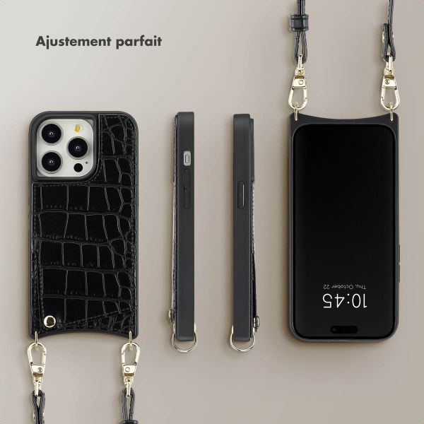 Selencia Coque de télephone Nova Croco avec cordon et porte-cartes Apple iPhone 14 Pro - Noir