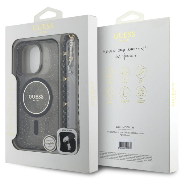 Guess MagSafe IML Glitter Case avec beads strap Apple iPhone 16 Pro Max - Noir