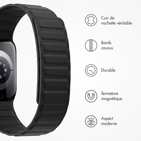 Accezz Bracelet en cuir véritable magnétique Apple Watch | 44/45/46/49 mm - Noir