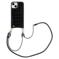 Selencia Coque de télephone Nova Croco avec cordon et porte-cartes Apple iPhone 15 - Noir
