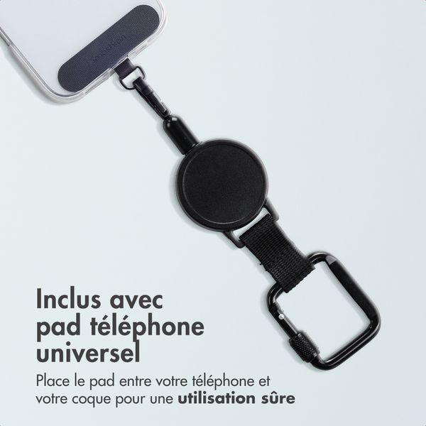 imoshion Cordon rétractable avec mousqueton et patch pour téléphone - Cordon de téléphone anti-vol - Noir