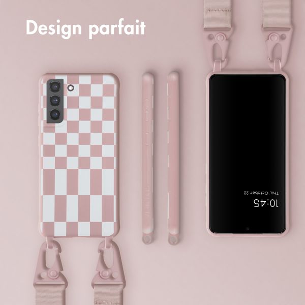 Selencia Coque design en silicone avec cordon amovible Samsung Galaxy S21 FE - Irregular Check Sand Pink