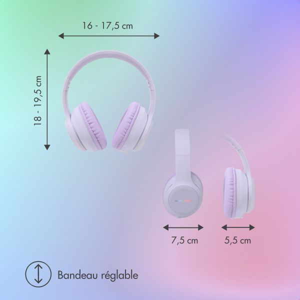 imoshion Casque sans fil pour enfants LED Light - Limiteur de décibels - Avec câble AUX - Lavender Lilac