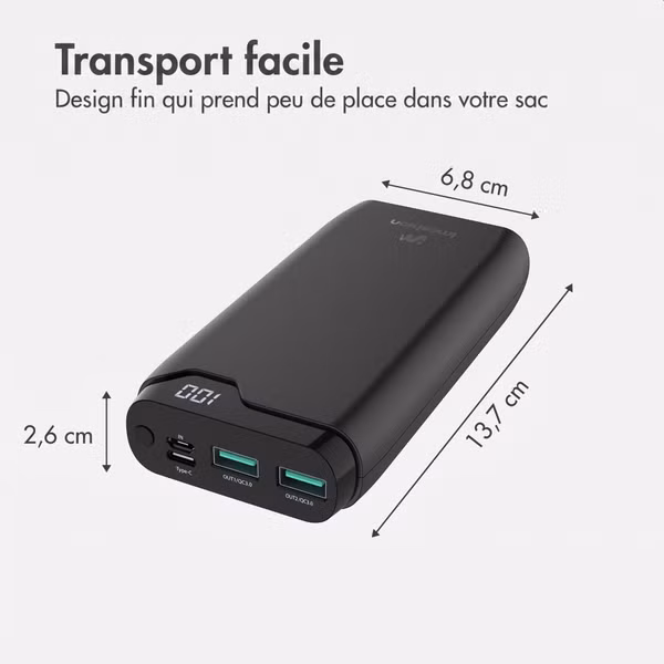 imoshion Batterie externe 20 000 mAh - Chargeur rapide 22,5 W - USB-C / USB-A - Noir
