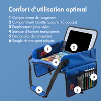 imoshion Table de voyage - Support de tablette voiture - 7 compartiments de rangement - Inclus 2 coloriages - Bleu