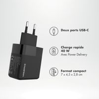 imoshion Adapteur secteur - Chargeur - 2 ports USB-C 40 W + câble tressé USB-C vers USB-C 100 W - 1 mètre - Noir