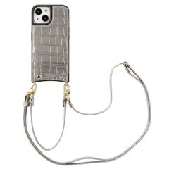 Selencia Coque de télephone Nova Croco avec cordon et porte-cartes Apple iPhone 15 - Argent