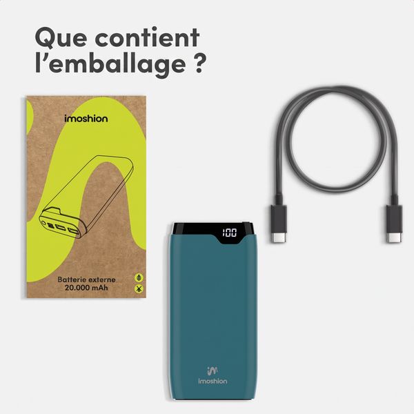 imoshion Batterie externe 20 000 mAh - Chargeur rapide 22,5 W - USB-C / USB-A - Vert pétrole