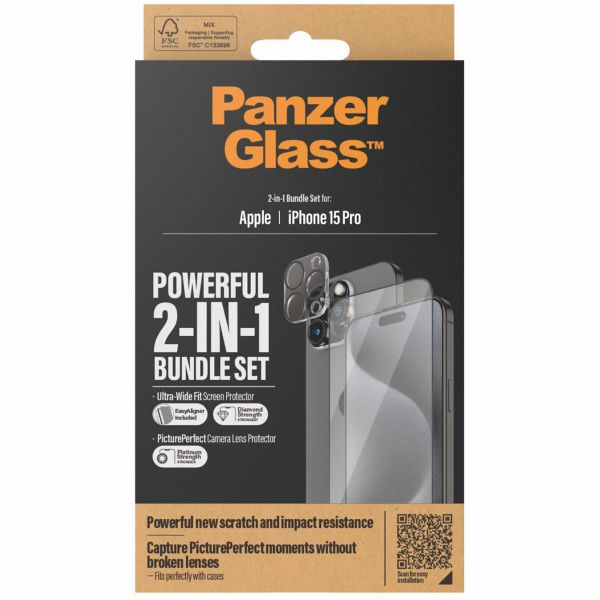 PanzerGlass Pack 2-en-1 - Protection d'écran antibactérienne Ultra-Wide Fit avec applicateur + Protection de caméra Apple iPhone 15 Pro