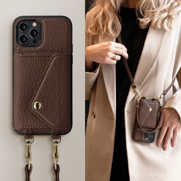 Selencia Coque de télephone Sera avec cordon et porte-cartes enveloppe Apple iPhone 12 Pro - Chocolate Brown
