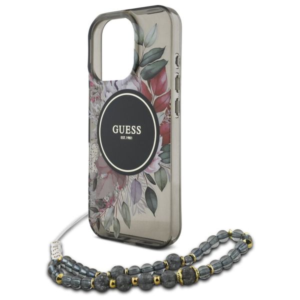 Guess MagSafe IML Flowers Case avec beads strap Apple iPhone 15 Pro Max - Noir
