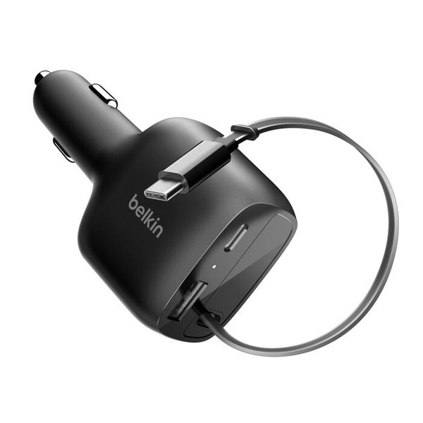 Belkin Chargeur de voiture BoostCharge avec câble rétractable USB-C/USB-A 75W - Noir