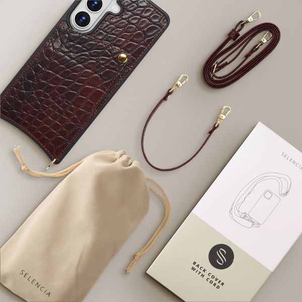 Selencia Coque de télephone Nova Croco avec cordon et porte-cartes Samsung Galaxy S26 - Choco Brown