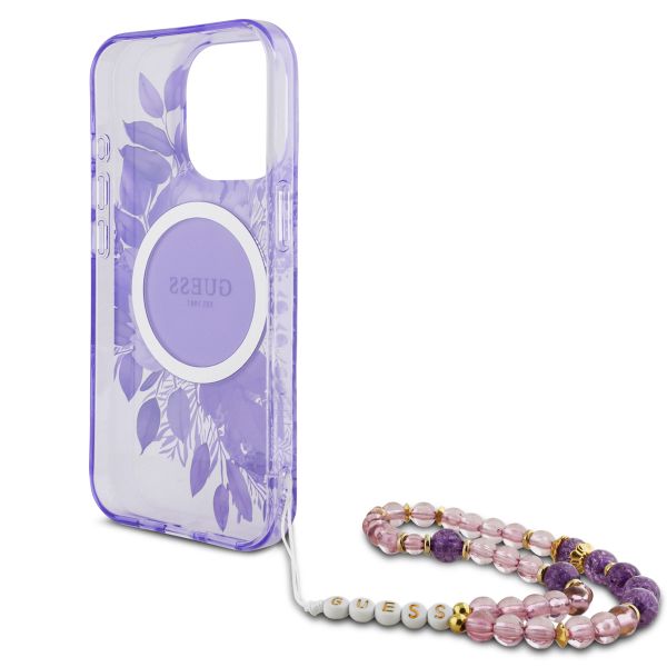 Guess MagSafe IML Flowers Case avec beads strap Apple iPhone 15 Pro - Purple