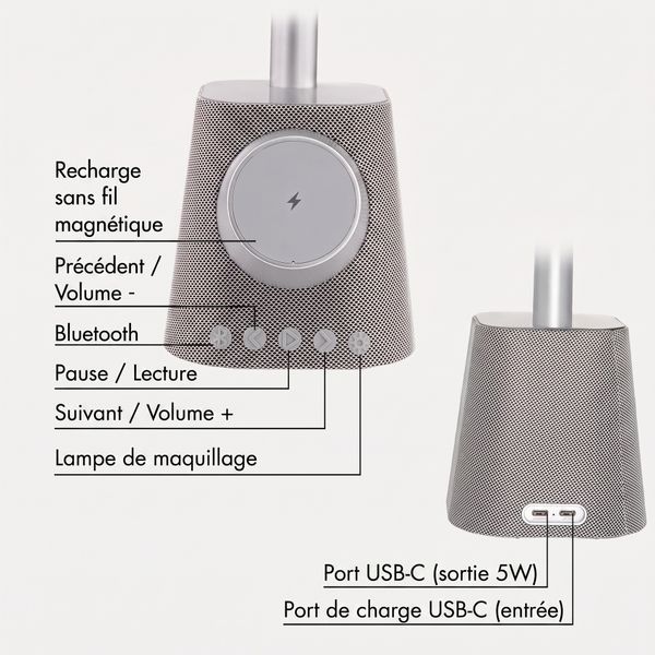 imoshion Miroir de maquillage avec haut-parleur Bluetooth et chargeur sans fil - Argenté