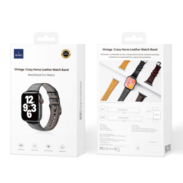 WiWu Bracelet vintage en cuir Apple Watch | 44/45/46/49 mm - Noir