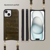 Selencia Coque de télephone Nova Croco avec cordon et porte-cartes Apple iPhone 15 - Dark Olive