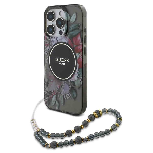 Guess MagSafe IML Flowers Case avec beads strap Apple iPhone 15 Pro - Noir