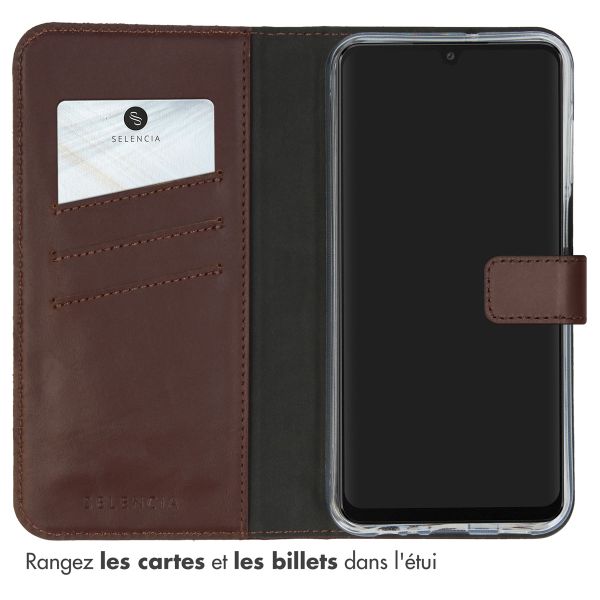 Selencia Étui portefeuille en cuir véritable Samsung Galaxy A15 (5G/4G) - Marron foncé