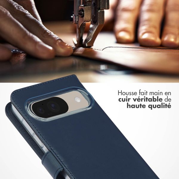 Selencia Étui portefeuille en cuir véritable Google Pixel 10 / 10 Pro - Bleu