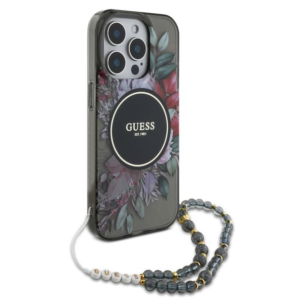 Guess MagSafe IML Flowers Case avec beads strap Apple iPhone 15 Pro - Noir