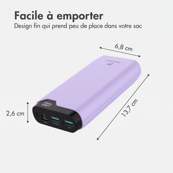 imoshion Batterie externe 20 000 mAh - Chargeur rapide 22,5 W - USB-C / USB-A - Lilas
