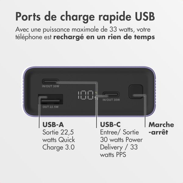 imoshion Ultra Series Aluminium Batterie externe 20.000 mAh - Charge rapide jusqu'à 33 watts - Tropical Violet