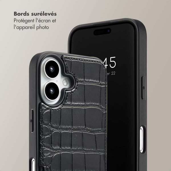 Selencia Coque de télephone Nova Croco avec cordon et porte-cartes Apple iPhone 16 - Noir