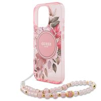 Guess MagSafe IML Flowers Case avec beads strap Apple iPhone 15 Pro Max - Pink