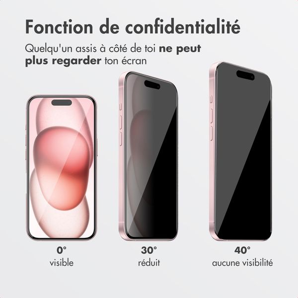 Accezz Protection d'écran en verre trempé avec filtre de confidentialité + Applicateur Apple iPhone 16 / 15