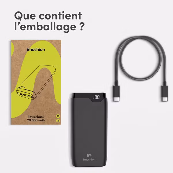 imoshion Batterie externe 20 000 mAh - Chargeur rapide 22,5 W - USB-C / USB-A - Noir