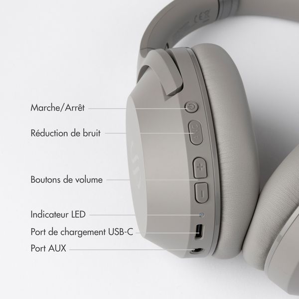Selencia Casque sans fil Urban Play - Réduction active du bruit (ANC) - Avec étui de rangement - Cosy Grey