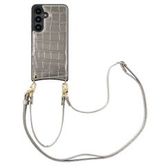 Selencia Coque de télephone Nova Croco avec cordon et porte-cartes Samsung Galaxy S24 - Argent