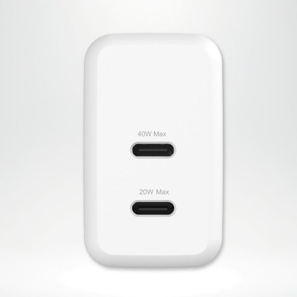 imoshion Adapteur secteur - Chargeur - 2 ports USB-C 40 W + câble tressé USB-C vers USB-C 60 W - 1 mètre - Blanc