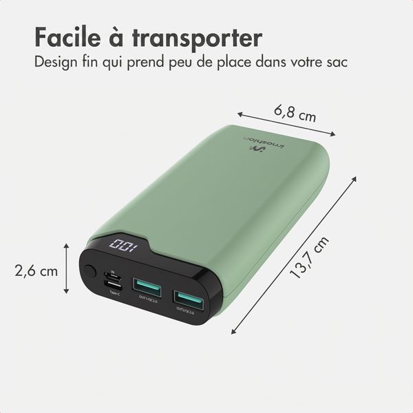 imoshion Batterie externe 20 000 mAh - Chargeur rapide 22,5 W - USB-C / USB-A - Vert