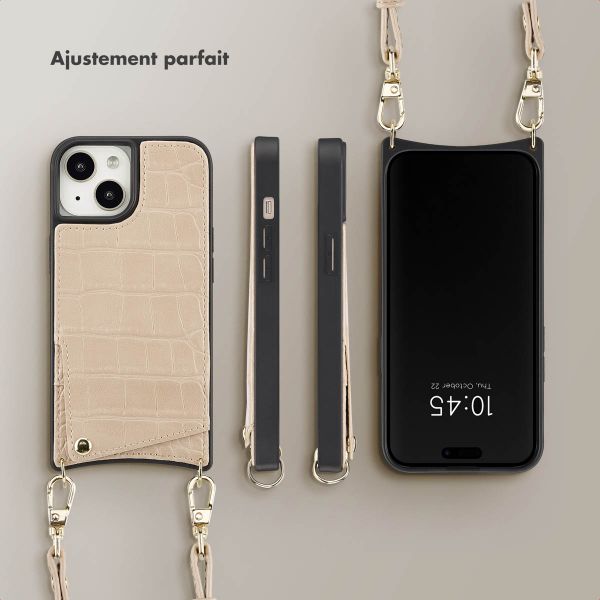 Selencia Coque de télephone Nova Croco avec cordon et porte-cartes Apple iPhone 15 - Beige