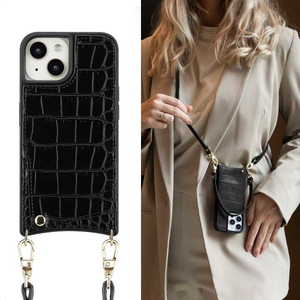 Selencia Coque de télephone Nova Croco avec cordon et porte-cartes Apple iPhone 15 - Noir