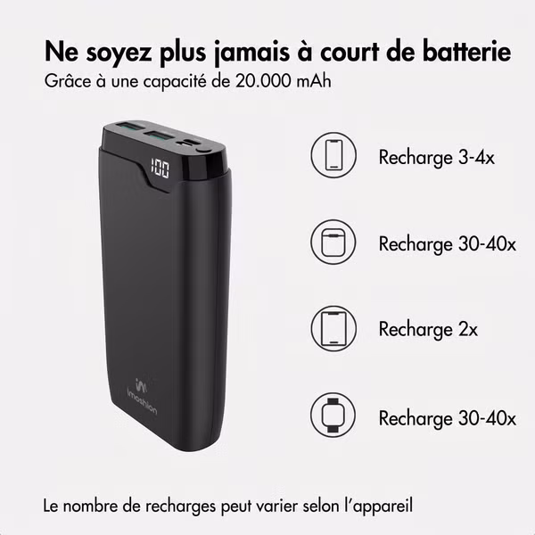 imoshion Batterie externe 20 000 mAh - Chargeur rapide 22,5 W - USB-C / USB-A - Noir