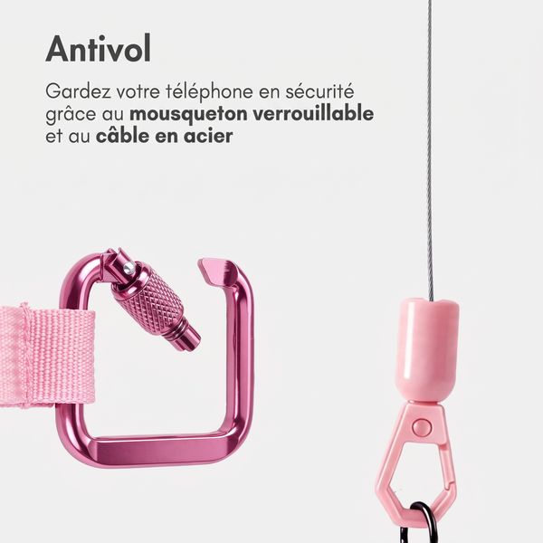 imoshion Cordon rétractable avec mousqueton et patch pour téléphone - Cordon de téléphone anti-vol - Rose
